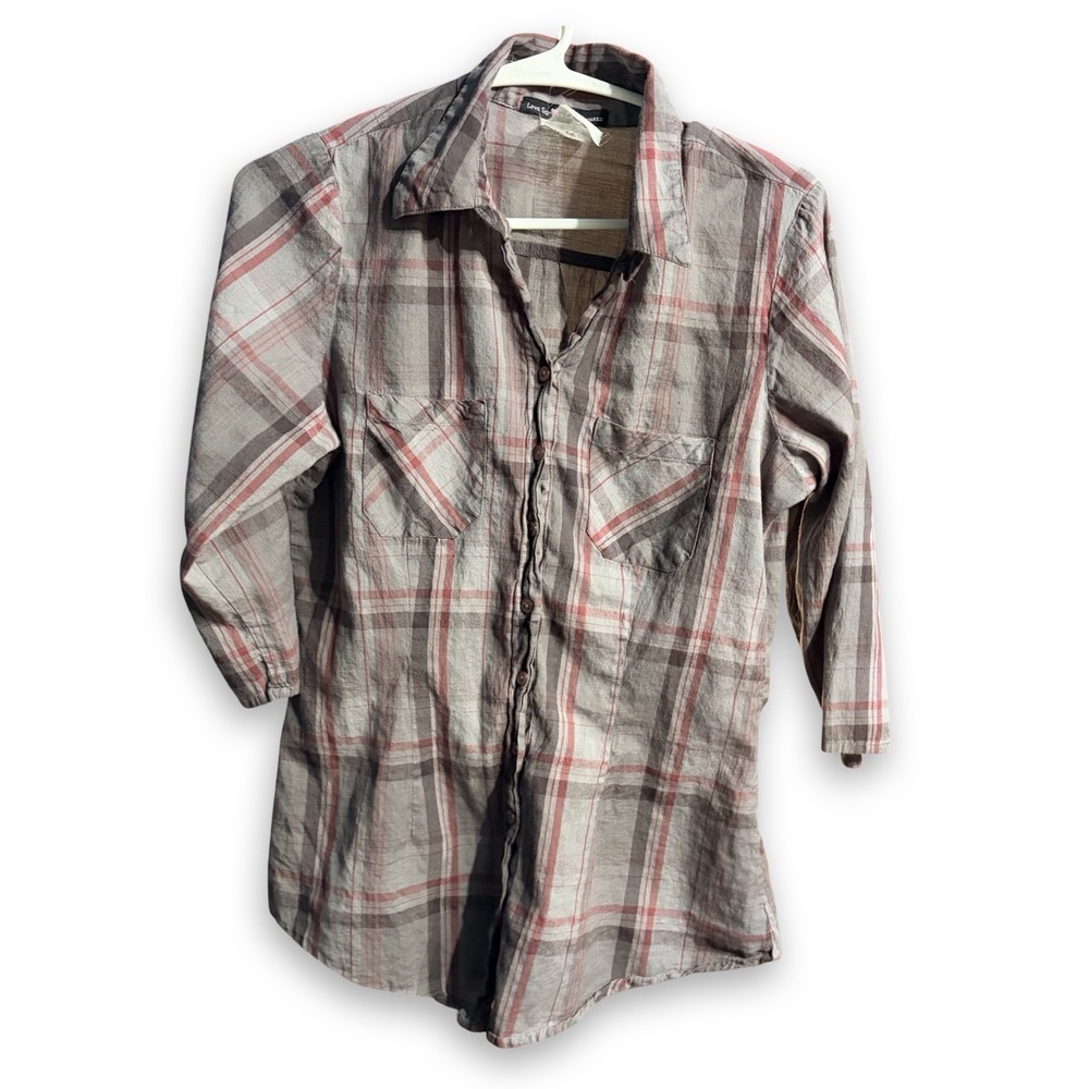 Y2K Lightweight Plaid Button-Up Shirt 3/4 Sleeves Love Squared  100% Cotton WXS